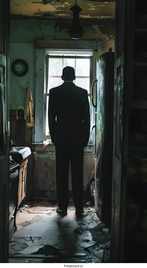 Man in suit standing in abandoned room