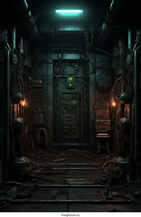 rusty metal door with chains and pipes