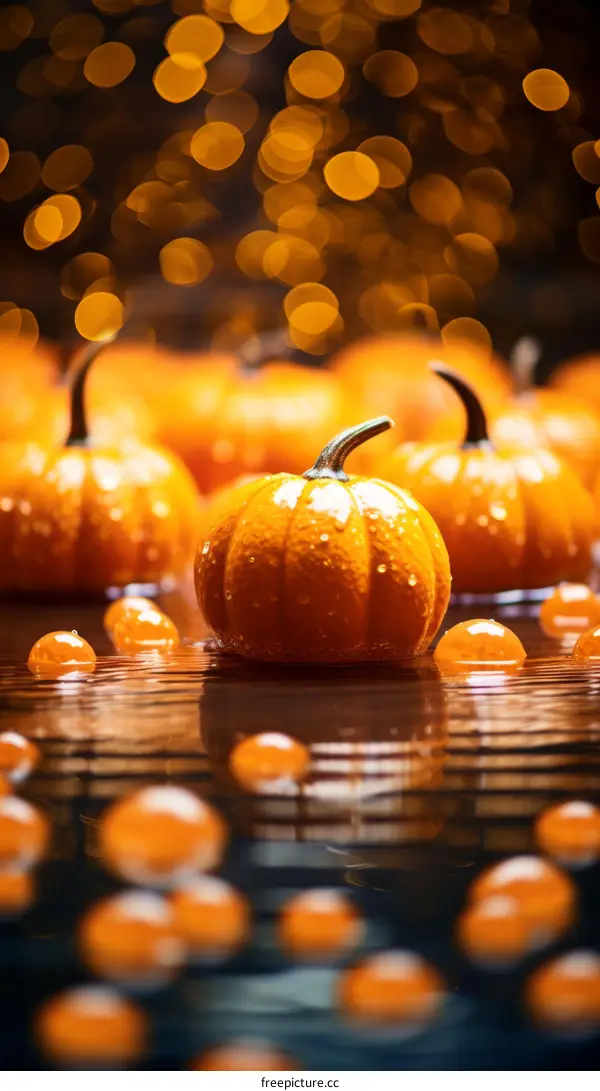 Group of Pumpkins Sitting in a Puddle of Water