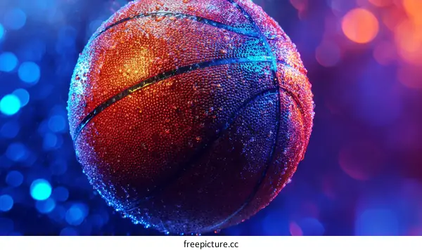 Closeup of a Wet Basketball in Neon Lighting