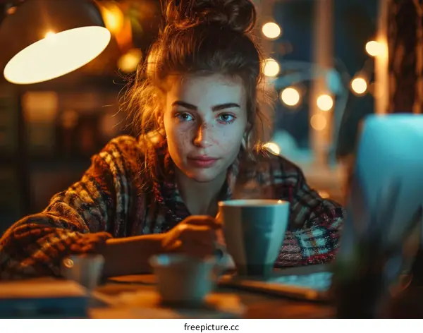 Focused Woman Working on Laptop at Night in Cozy Home Office