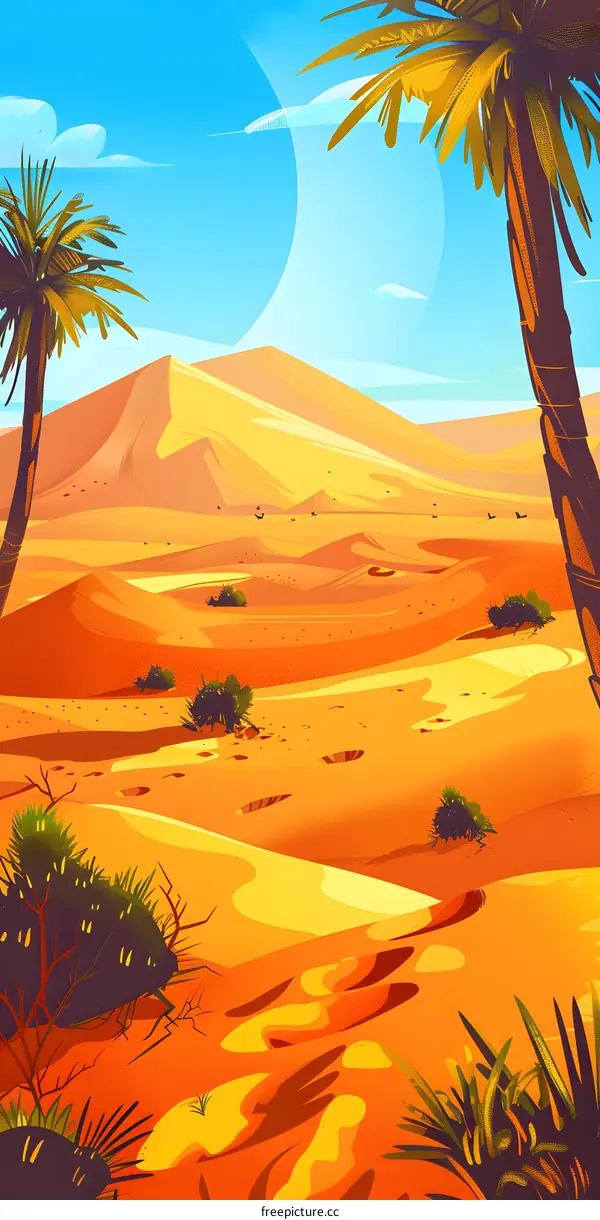 Desert Landscape Illustration with Palm Trees