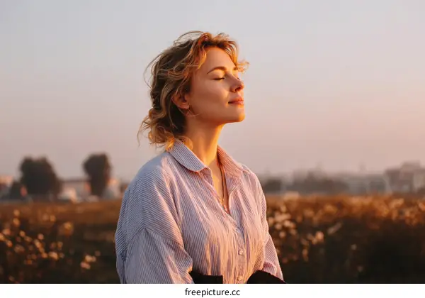 Woman Relaxing in Golden Hour Field
