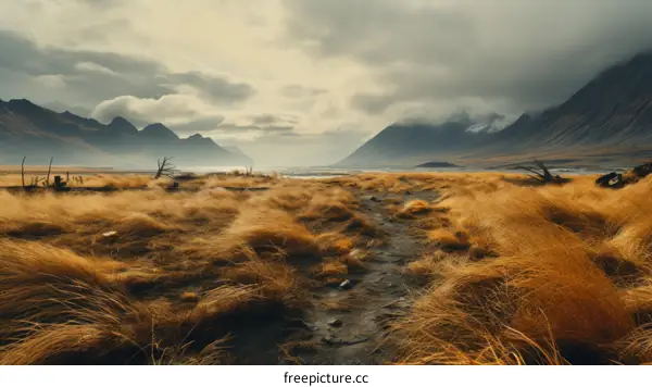 Pathway through a field of tussock grass in New Zealand