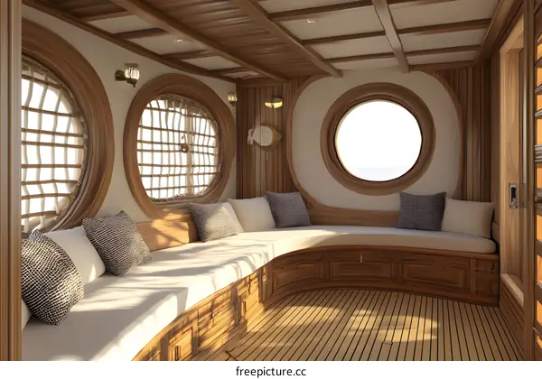 Luxury Wooden Interior Design with Circular Windows and Cushioned Seating