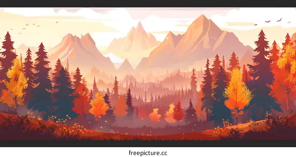 Autumn Landscape Illustration with Mountains and Forest