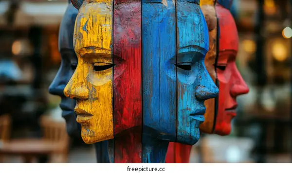 Colorful Wooden Mask Heads in Profile View