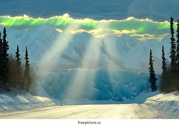 Green Aurora Borealis over a Snowy Mountain Range