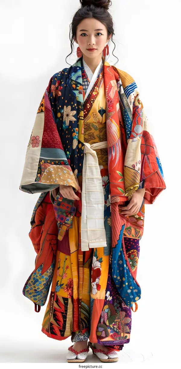 kimono and haori with colorful patchwork and embroidery