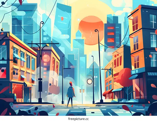 Cityscape Illustration With Man Walking in the Street