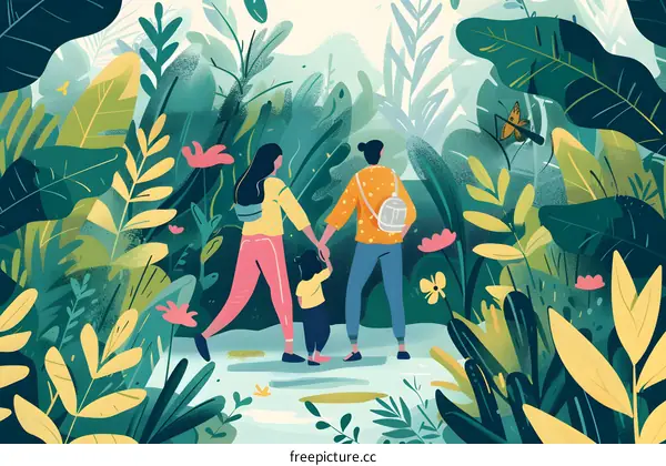 Family Walking Through a Lush Forest