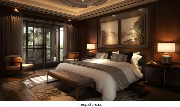 hotel room with two paintings on the wall and a balcony