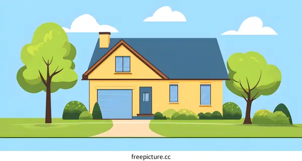 Cartoon Illustration of Yellow House with Garage Door and Green Trees