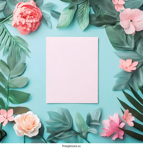 Floral Frame with Pink and Green Flowers on Blue Background