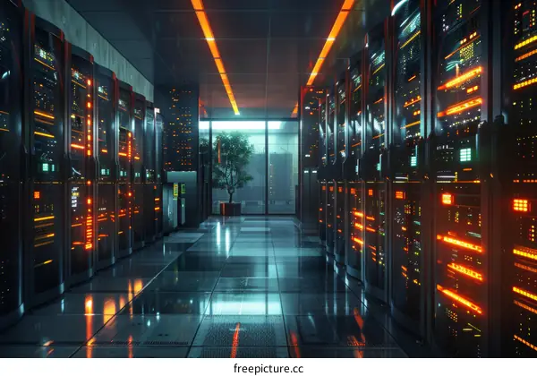 futuristic technology data center with glowing orange lights