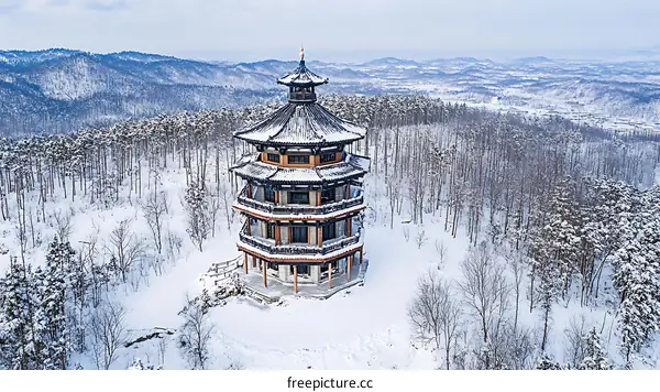 Winter Snow Scene of a Pagoda-Style Building