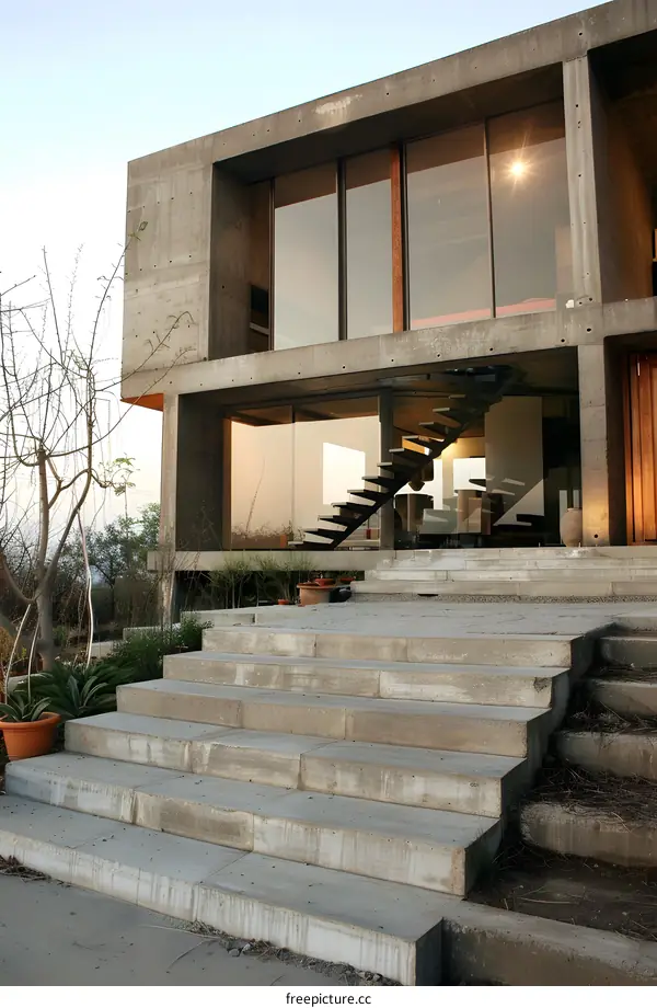 Modern Concrete House with Large Windows and Steps