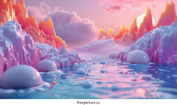 Pink and purple landscape with a river running through it