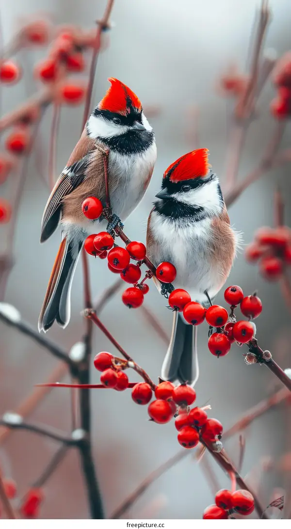 Two Birds Perched on a Branch with Vibrant Red Berries