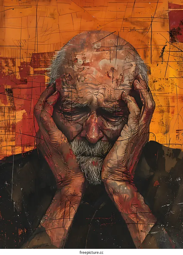 Portrait of an old man with hands on head