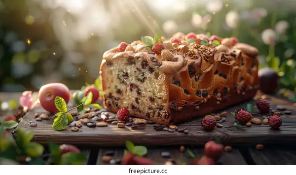 Close-up of a delicious cake with berries and nuts on a wooden table