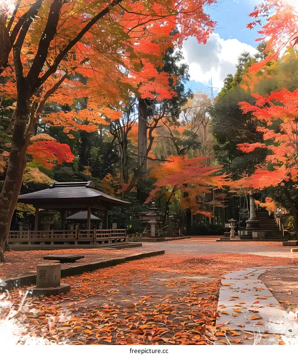 A beautiful autumn park with a pagoda and a path covered with fallen leaves