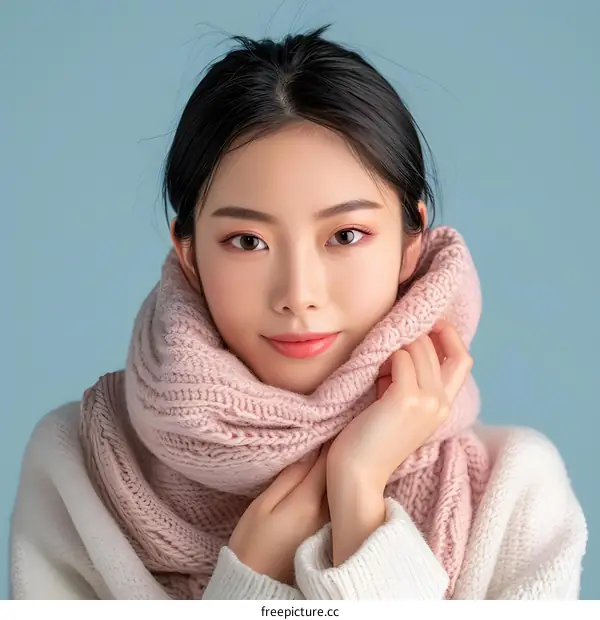 Young Asian Woman Wearing a Pink Knit Scarf