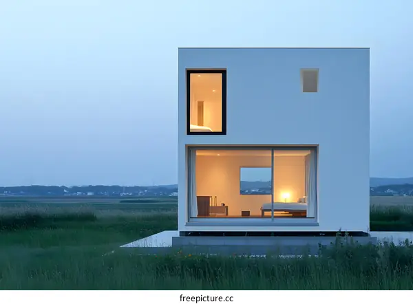 Minimalist Modern White House with Large Windows in Green Field