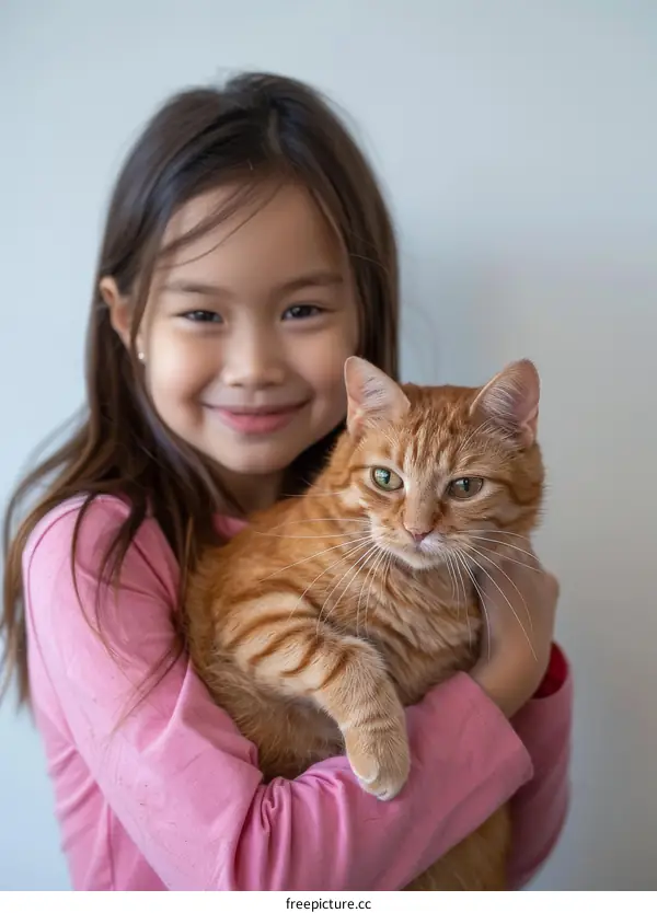 Asian girl hugging an orange cat