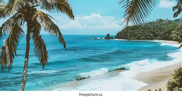 Tropical Beach with Blue Ocean and Palm Trees