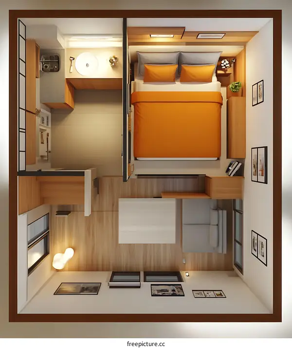 Small Apartment Interior Design with Kitchen, Bedroom and Living Room