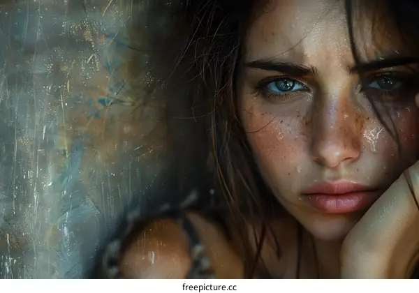 Close-up portrait of a beautiful young woman with freckles on her face