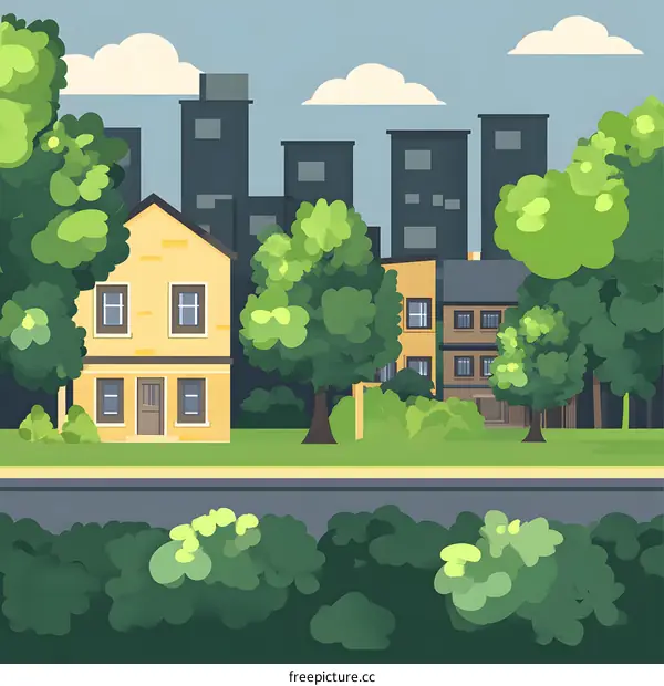 Cartoon Illustration of a Small Town with Houses, Trees, and a Road