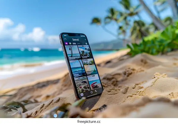 Phone on Beach Sand with Ocean and Palm Trees in Background