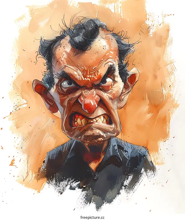 An illustration of an angry man with a red face and black hair, wearing a black shirt with a white collar.