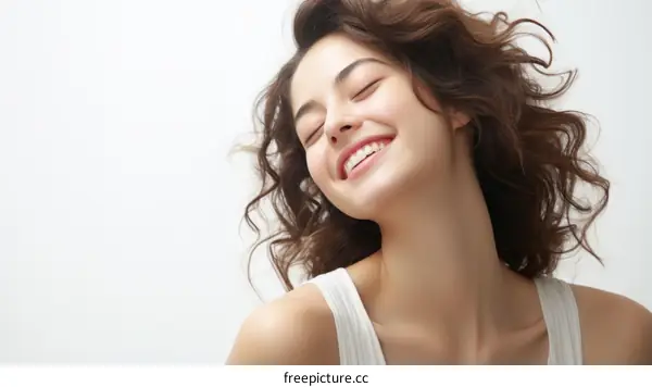 Portrait of a beautiful young woman with long brown hair smiling with her eyes closed