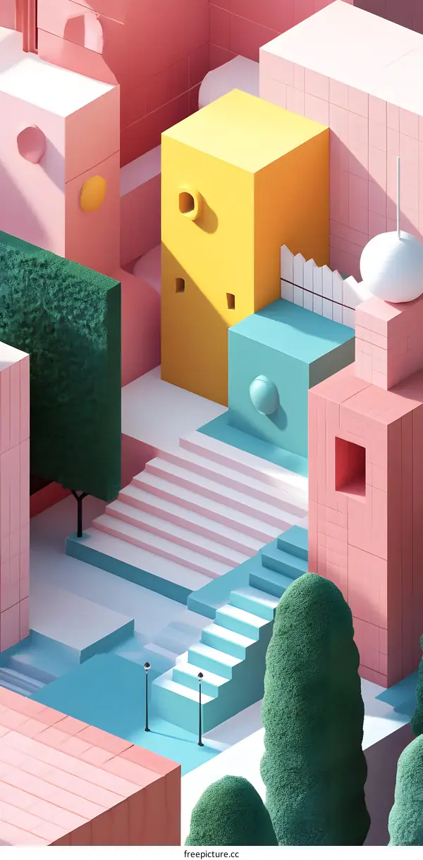 Abstract 3D Geometric Shapes Minimalist Cityscape with Lush Green Trees