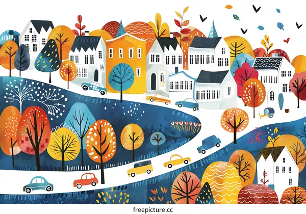 Autumn Village with Winding Road and Colorful Trees