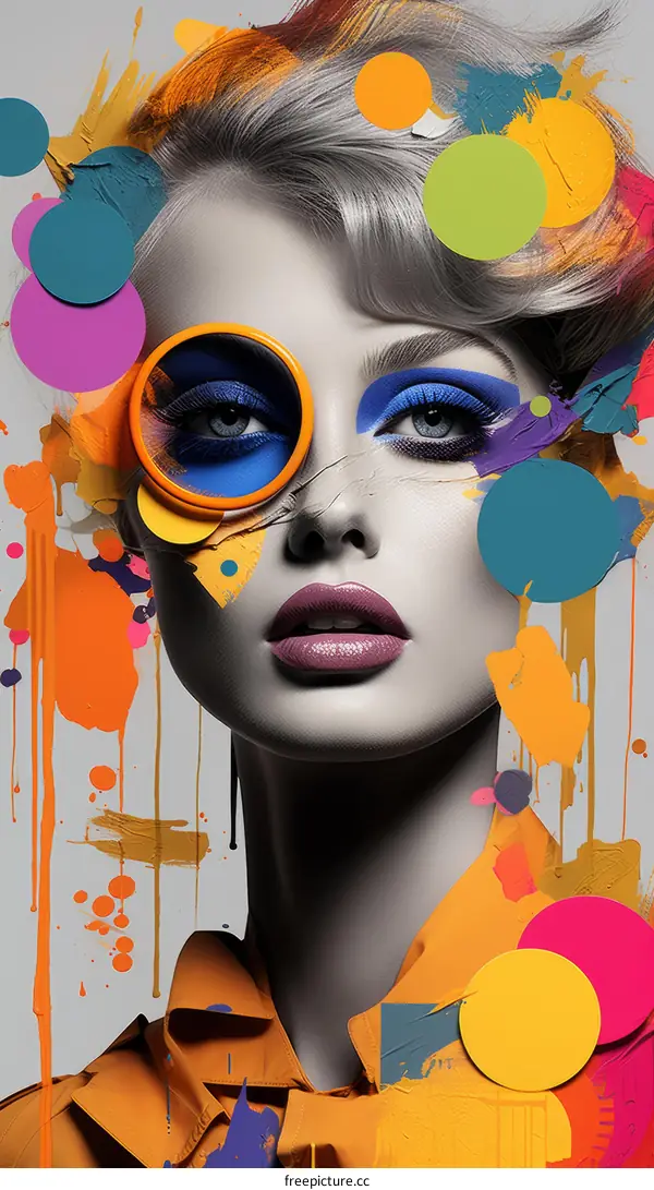 Portrait Illustration of a Colorful Woman with Purple Hair and Bold Geometric Glasses