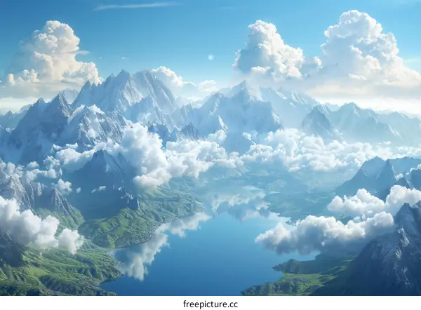 Majestic Mountain Range Above Clouds and Lake