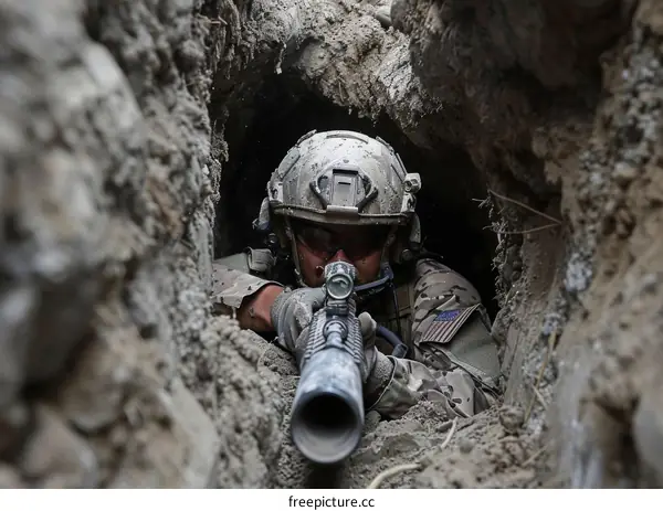 Soldier aiming M4 carbine from a tunnel