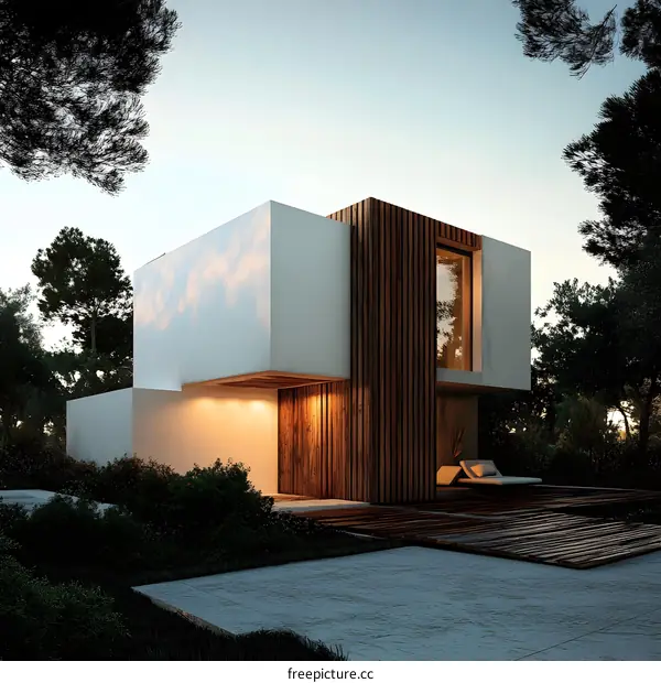 Modern Minimalist House Design with Wooden Facade and Large Windows