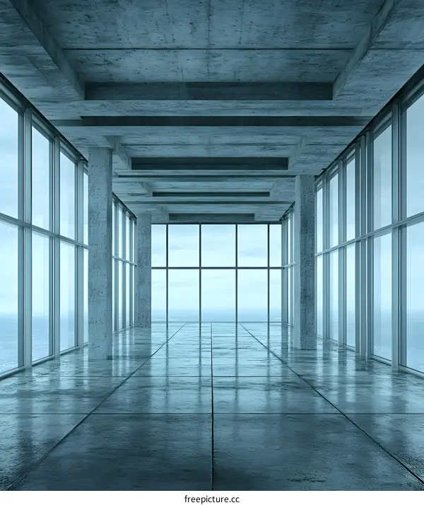 Modern Concrete Architecture Interior With Large Windows