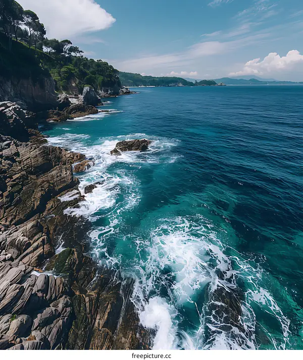 Aerial View of Rocky Coastline with Blue Ocean Water
