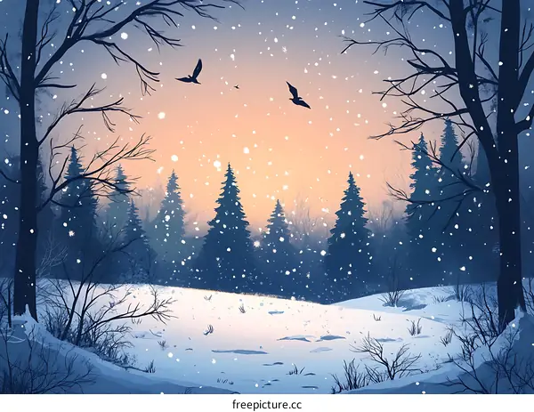 Winter Forest Illustration With Snowy Landscape And Sunset Sky