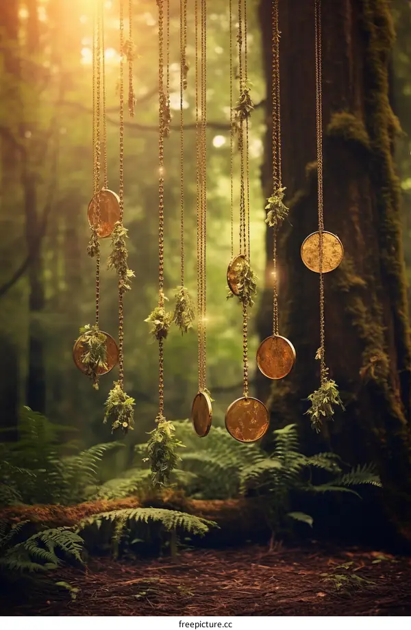 hanging golden medallions in the forest