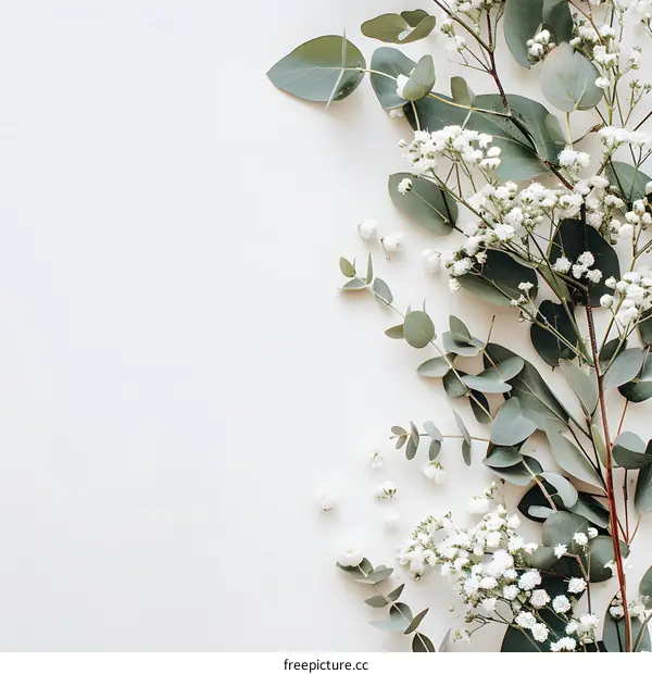 White Flowers and Eucalyptus on White Background
