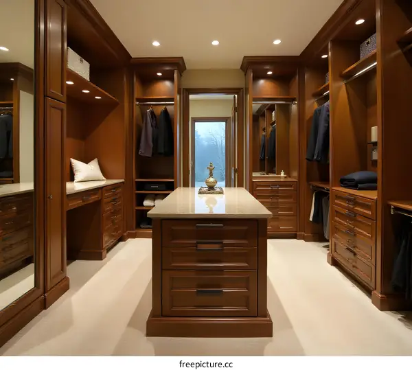 Large Luxury Wooden Walk-in Closet with Granite Countertop