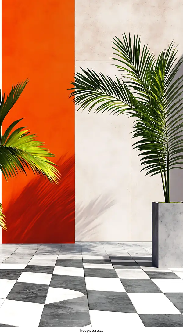 Minimalist Palm Tree and Checkered Floor with Orange Wall Background