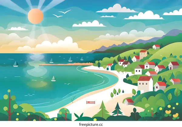 Coastal Town Landscape with Sun and Clouds